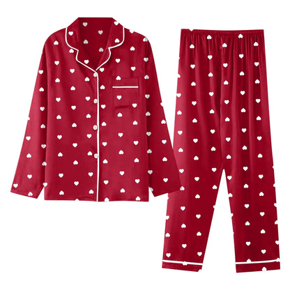 Couples Home Pajama Sets Funny Heartprint Casual Relaxed Fit Long Sleeve Sleepshirts Nightwear Fall Winter Solid Color Chemise