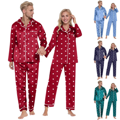 Couples Home Pajama Sets Funny Heartprint Casual Relaxed Fit Long Sleeve Sleepshirts Nightwear Fall Winter Solid Color Chemise