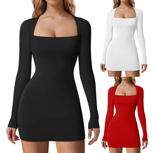 Women Mini Sexy Dress Long Sleeve Buttocks Wrapped Dress Slim Fit Skinny Mini Dress Ladies Club Streetwear